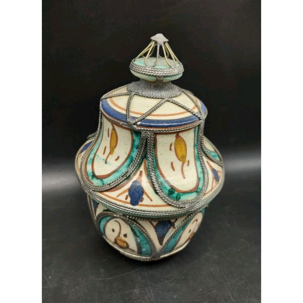 Morocco Pottery 6.5" Painted Canister Jar w/ Metalwork